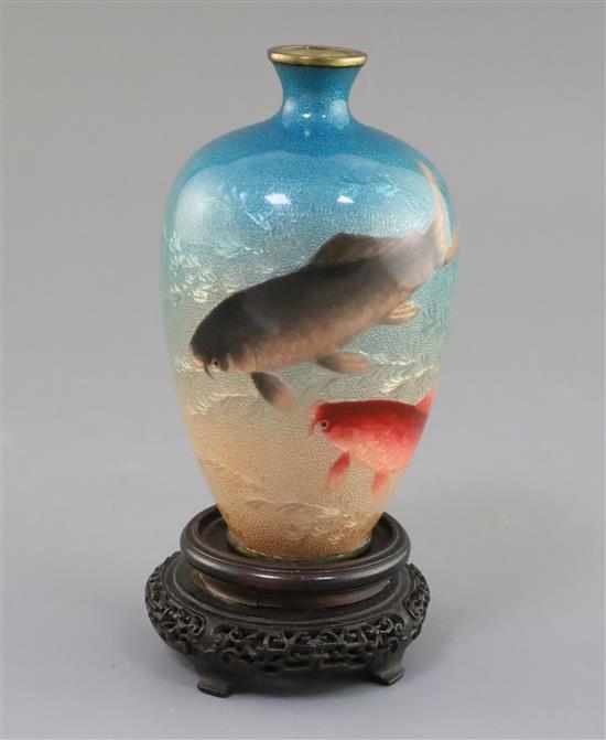 A Japanese wireless cloisonne Ginbari enamel carp vase, by Ogasawara Shuzo, Meiji Period, H. 15 cm, faults
